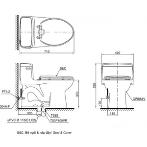 Bàn cầu 2 khối TOTO CS767CW12, Nắp điện tử