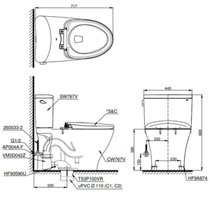 Bàn Cầu Hai Khối TOTO CS767W4, nắp điện tử WASHLET