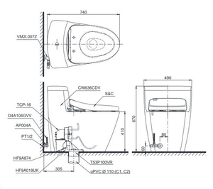 Bàn cầu 2 khối TOTO CS769DW4, nắp điện tử