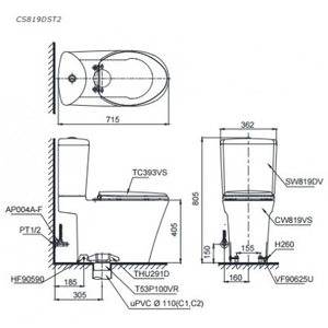 Bàn Cầu Hai Khối TOTO CS819DSW7, Nắp Điện Tử