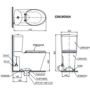Bàn cầu hai khối TOTO CS819DSE4, nắp rửa cơ