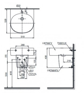Chậu lavabo TOTO LHT766CR chân ngắn treo tường