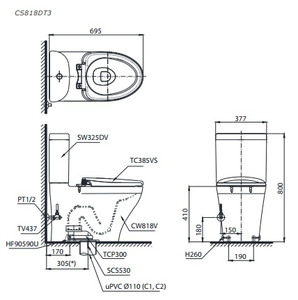 Bồn cầu hai khối TOTO CS818DT3 nắp đóng êm