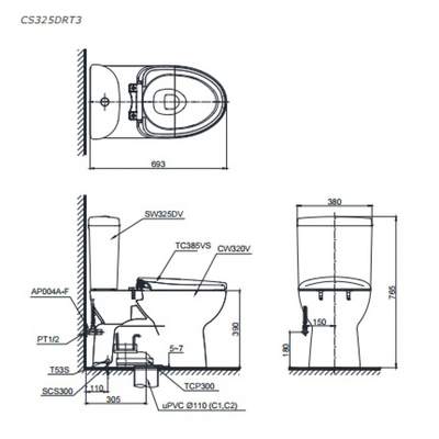  Bàn cầu 2 khối TOTO CS325DRT3, nắp đóng êm