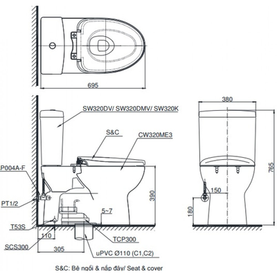 Bồn cầu 2 khối TOTO CS320DRT2 nắp đóng êm