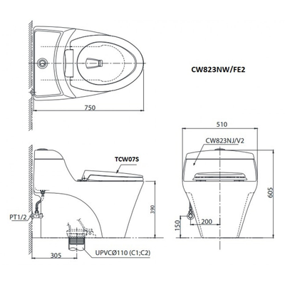 Bồn cầu 1 khối TOTO CW823NW/FE2 nắp rửa cơ