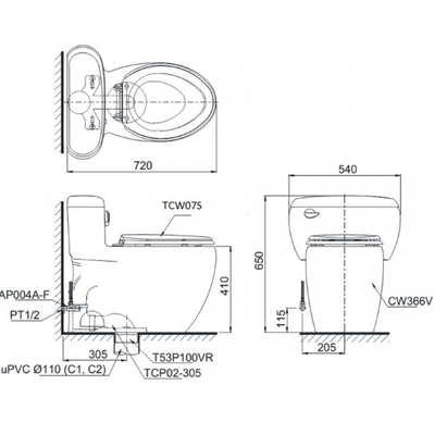 Bồn cầu 1 khối TOTO MS366E2 nắp rửa cơ