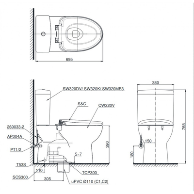 Bồn cầu 2 khối TOTO CS320DRE4 nắp rửa cơ 