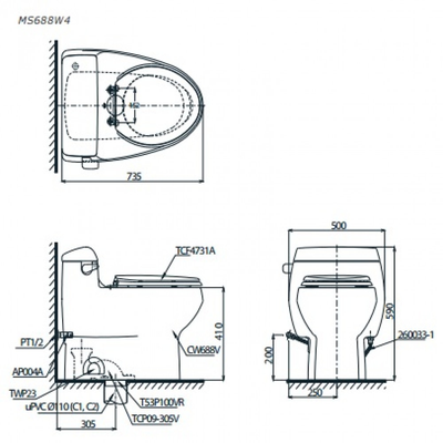 Bồn cầu TOTO MS688W4 nắp điện tử