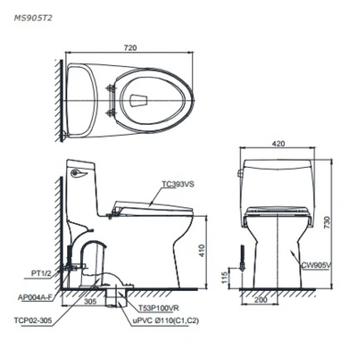 Bồn cầu 1 khối TOTO MS905T3 nắp đóng êm