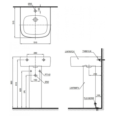 Chậu rửa Lavabo TOTO LPT767C treo tường chân dài