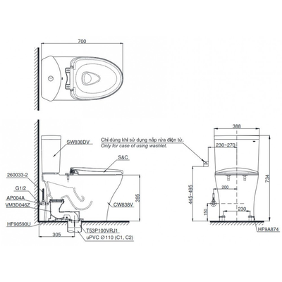 Bồn cầu TOTO CS838CDW12 nắp điện tử