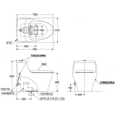 Bồn cầu 1 khối TOTO CW823RAT8 nắp đóng êm