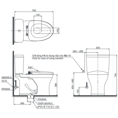 Bồn cầu 2 khối TOTO CS735DT8 nắp đóng êm
