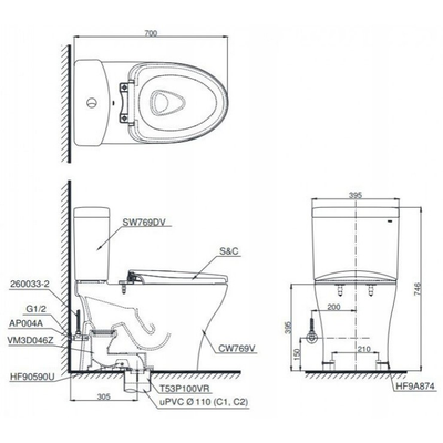 Bàn cầu TOTO CS769DRT10 hai khối nắp đóng êm TC395VS