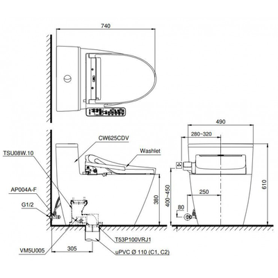 Bàn cầu TOTO MS625CDW17 nắp rửa điện tử WASHLET