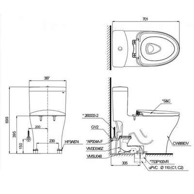 Bàn cầu TOTO MS889CDRW17 nắp rửa điện tử WASHLET dòng C2 