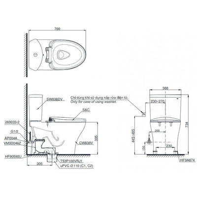 Bàn cầu TOTO CS838DW16 nắp rửa điện tử WASHLET dòng C2 