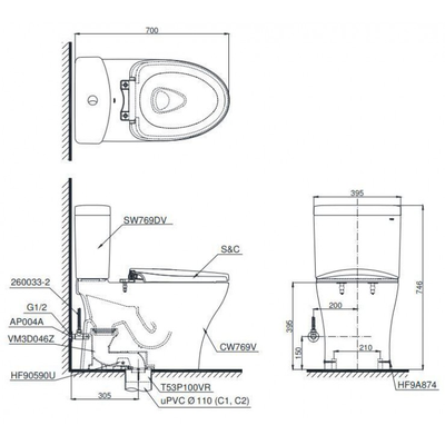 Bàn cầu TOTO CS769DRW16 nắp rửa điện tử WASHLET dòng C2