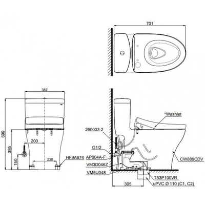 Bàn cầu TOTO MS889CDRW15 nắp rửa điện tử WASHLET dòng C5