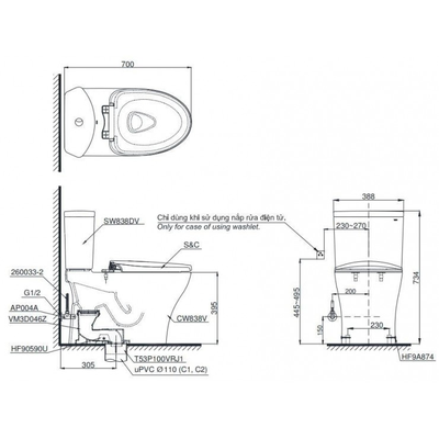 Bàn cầu TOTO CS838CDW15 nắp rửa điện tử WASHLET dòng C5