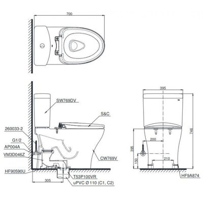 Bàn cầu CS769CDRW15 nắp rửa điện tử WASHLET dòng C5